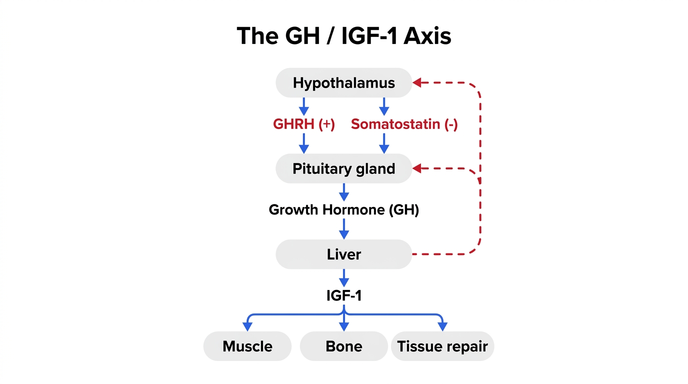 The GH/IGF-1 axis: hypothalamus GHRH and somatostatin regulate pituitary growth hormone, which drives hepatic IGF-1 to muscle, bone, and tissue