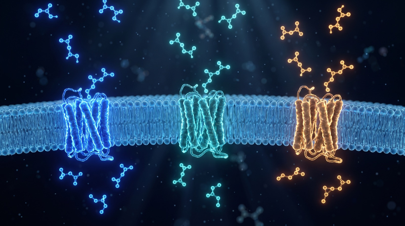 Three transmembrane receptors on a cell membrane: GLP-1 (blue), GIP (teal), and glucagon (amber).