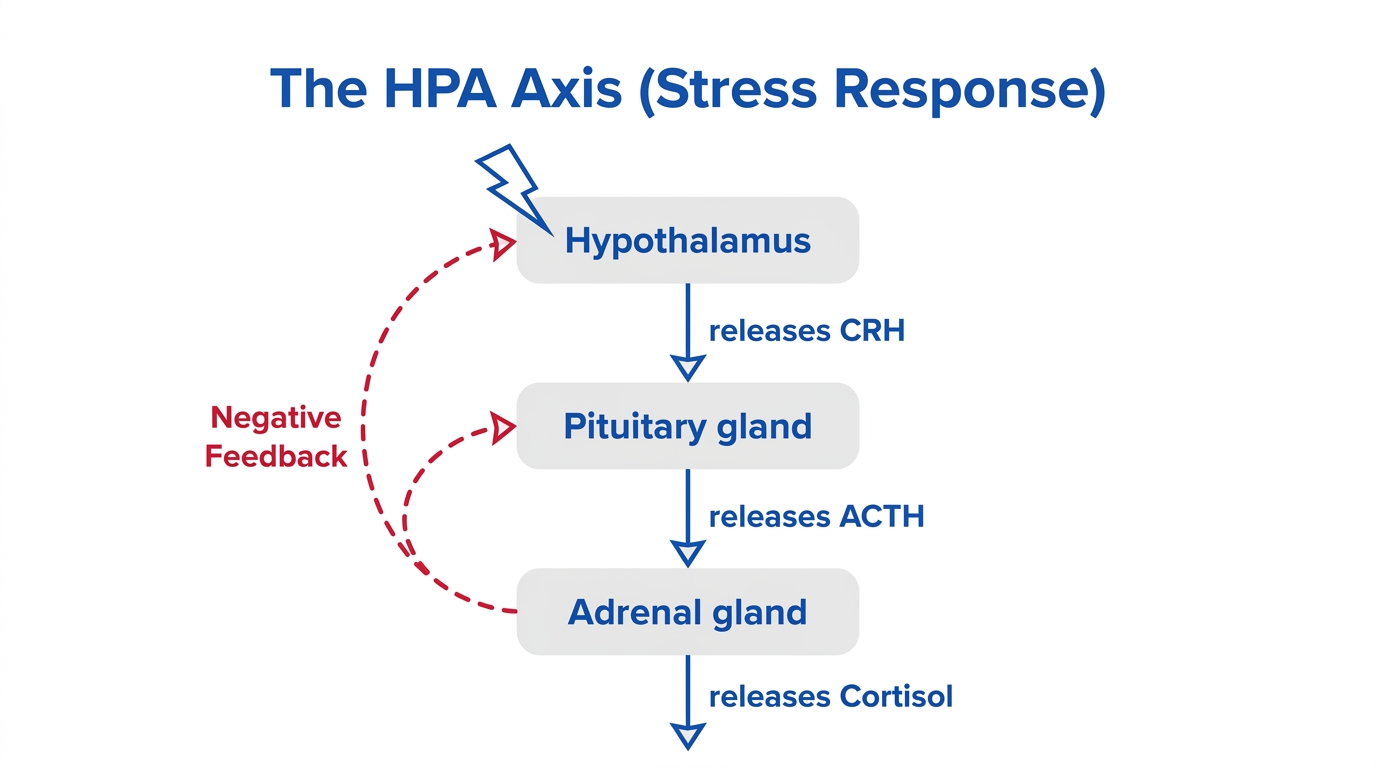 The HPA axis stress-response cascade: hypothalamus CRH to pituitary ACTH to adrenal cortisol with negative feedback