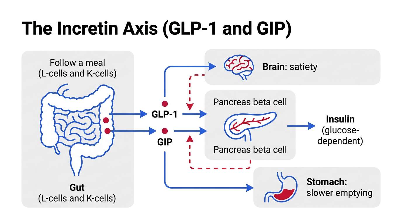 The incretin axis: gut L-cells and K-cells release GLP-1 and GIP after a meal, acting on the pancreas, brain, and stomach