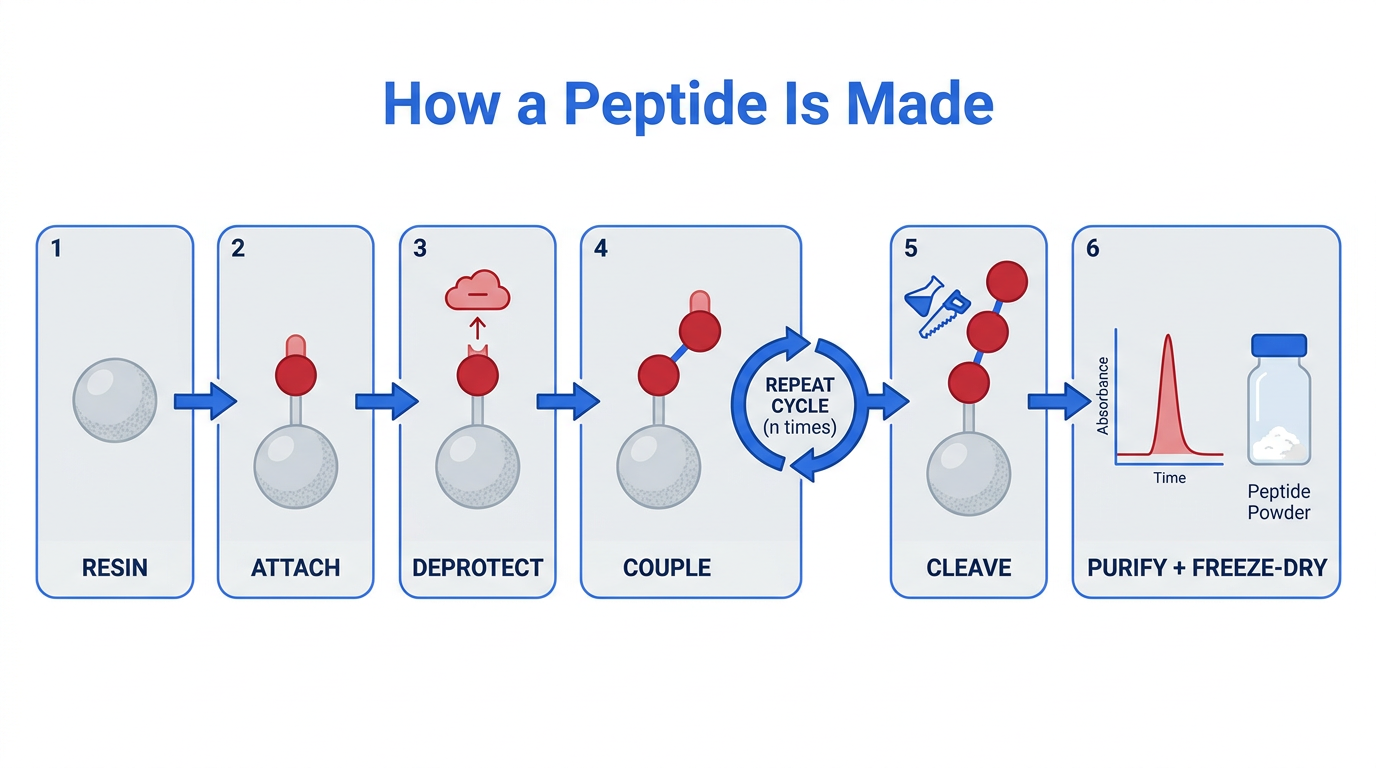 Solid-phase peptide synthesis workflow diagram: resin, attach, deprotect, couple with a repeat cycle, cleave, then purify and freeze-dry